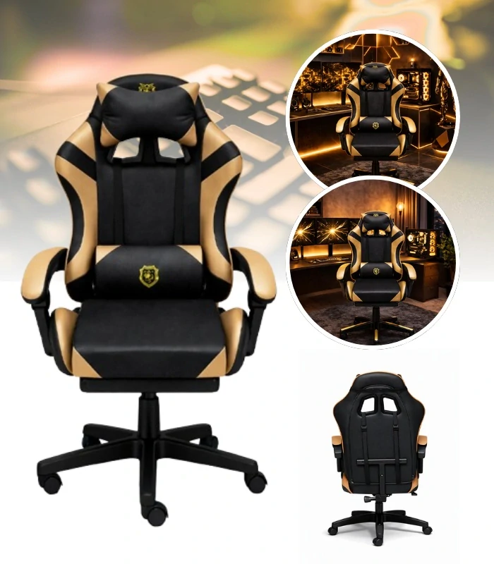 Moderní ergonomické herní křeslo černo-zlaté s podnožkou