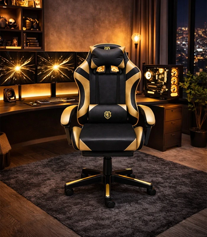 Moderní ergonomické herní křeslo černo-zlaté s podnožkou