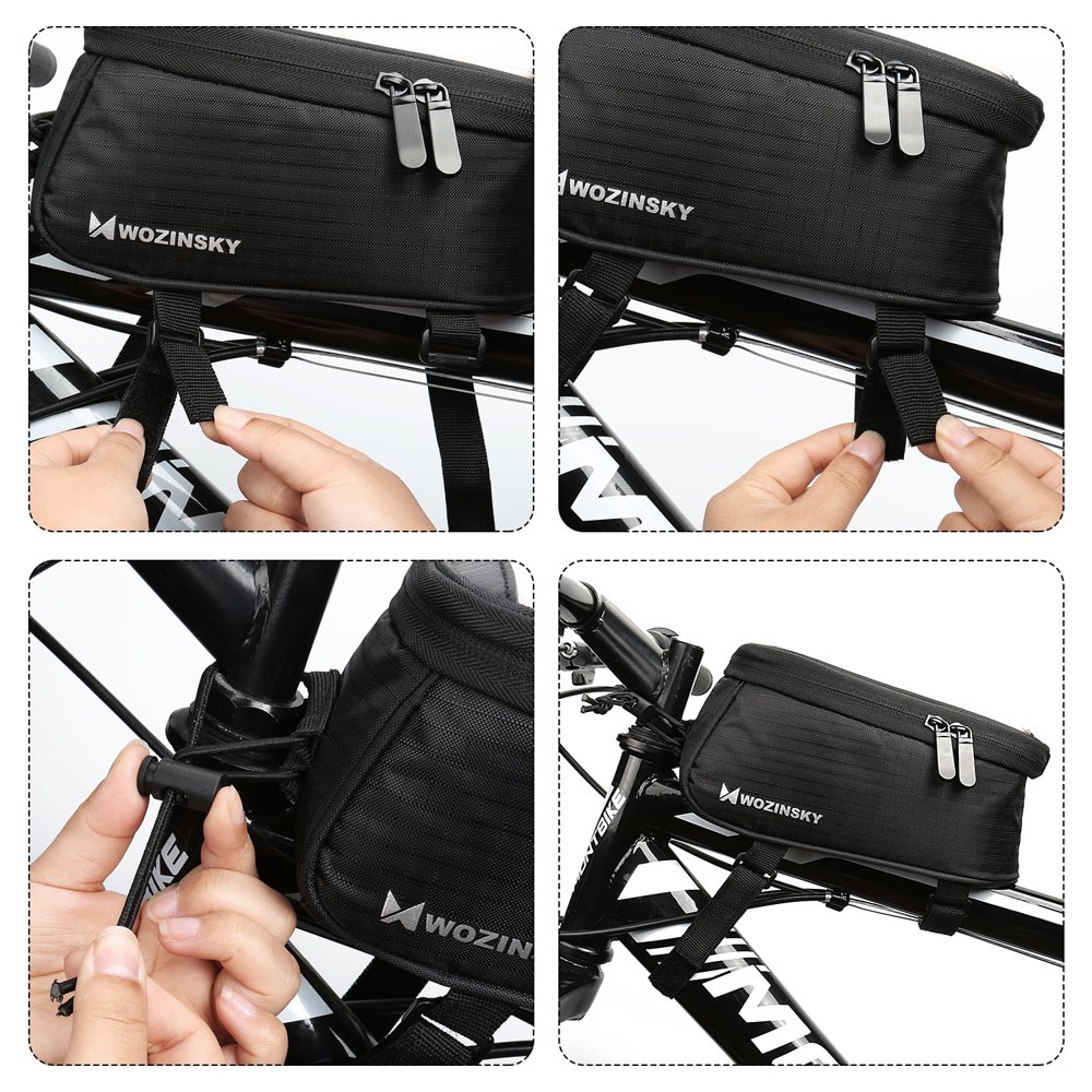 Cyklistická voděodolná rámová taška na kolo kryt telefonu do 6,5'' 1,5L černá od zn. Wozinsky s výstupem na lsuchátka mini Jack 3,5mm - 20,3 x 10,2 x 10,2 cm