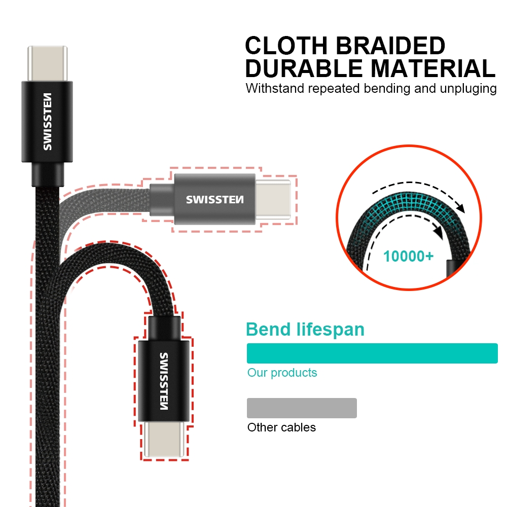 Swissten datový kabel USB - USB-C 1.2 M černý - inteligentí s opletem