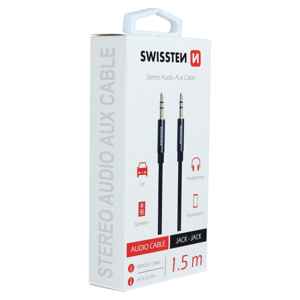 Swissten audiokabel 3,5 mm jack male - 3,5 mm jack male 1,5 M černý textilní