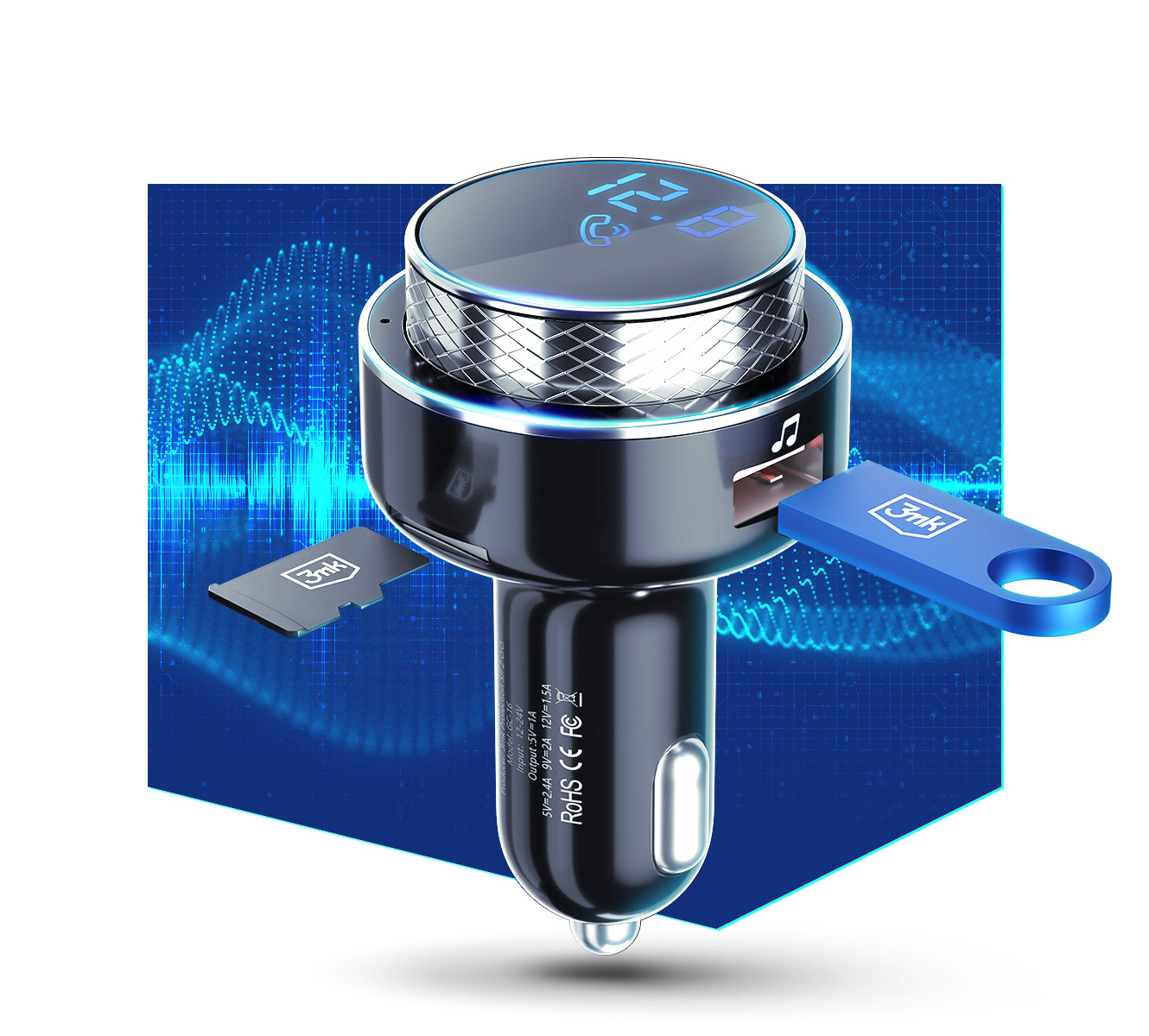 3MK nabíječka - FM Transmitter BT 5.0 USB Hyper Car - adaptér do auta