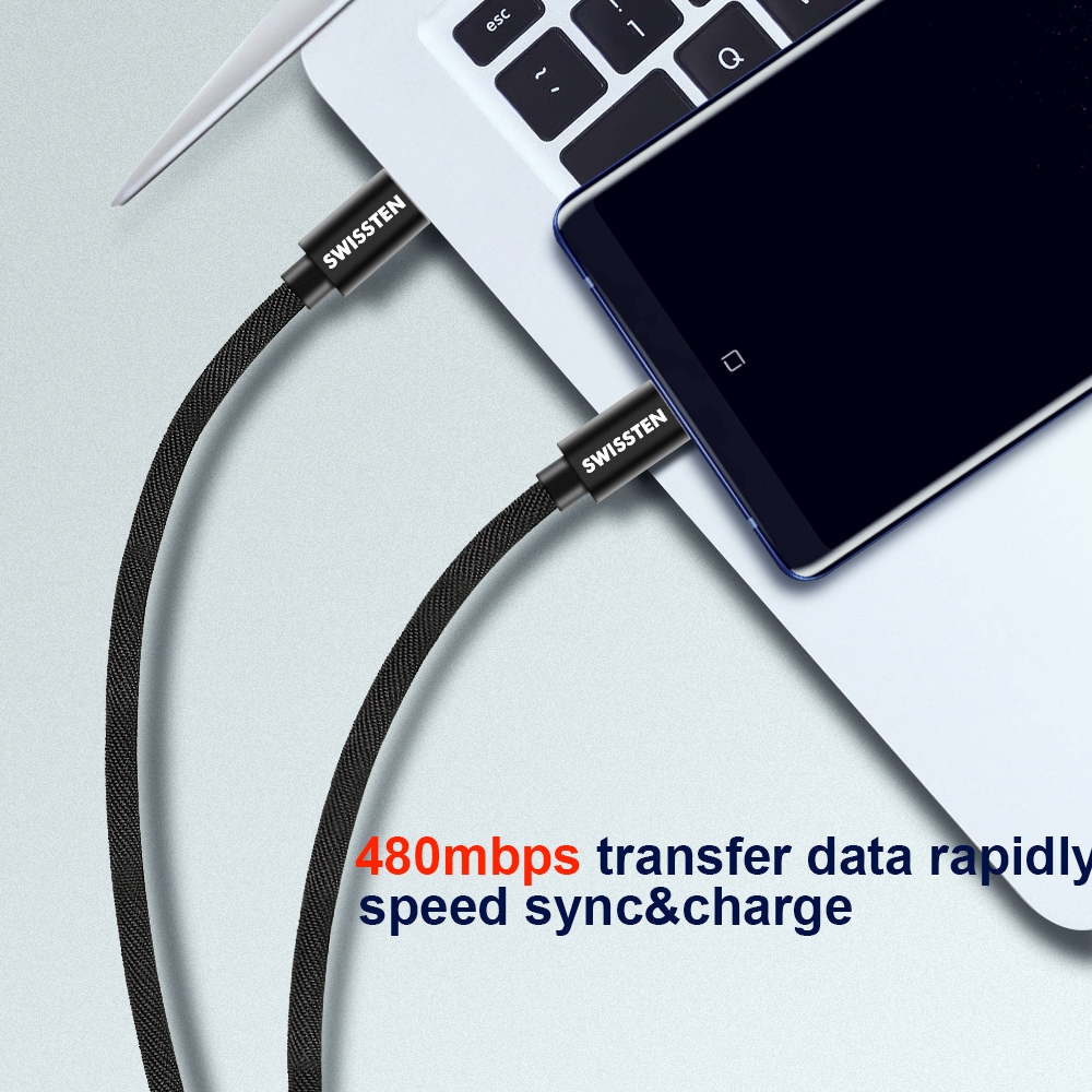 Swissten datový textilní USB kabel USB-C - USB-C 1.2 M černý