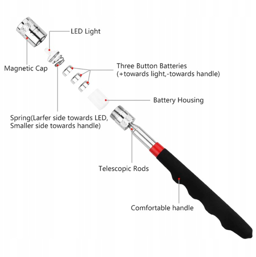 Magnetický teleskopický držák - chapač s LED - 80 cm - skládací