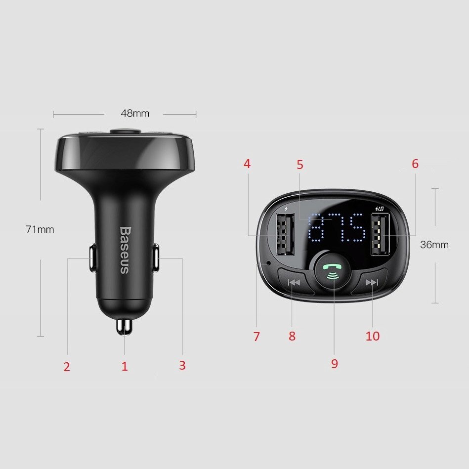 Baseus T-Type Transmiter FM Bluetooth - autonabíječka MP3 2xUSB TF microSD 3.4A černá CCTM-01