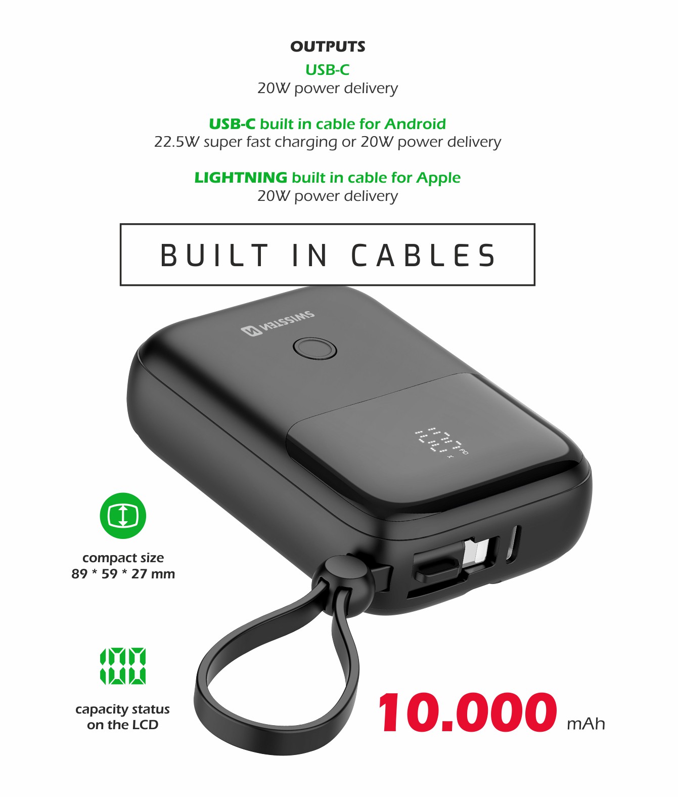 Swissten Powerbanka 10000 mAh 22,5W černá s vestavěným kabelem USB-C a Lightning