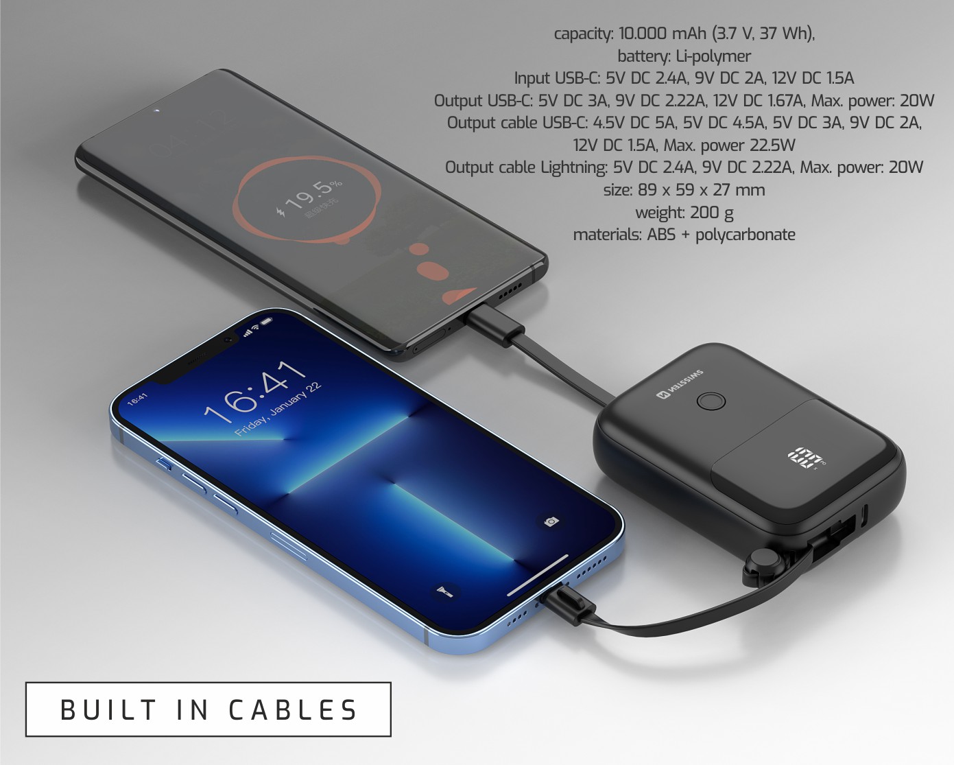 Swissten Powerbanka 10000 mAh 22,5W černá s vestavěným kabelem USB-C a Lightning