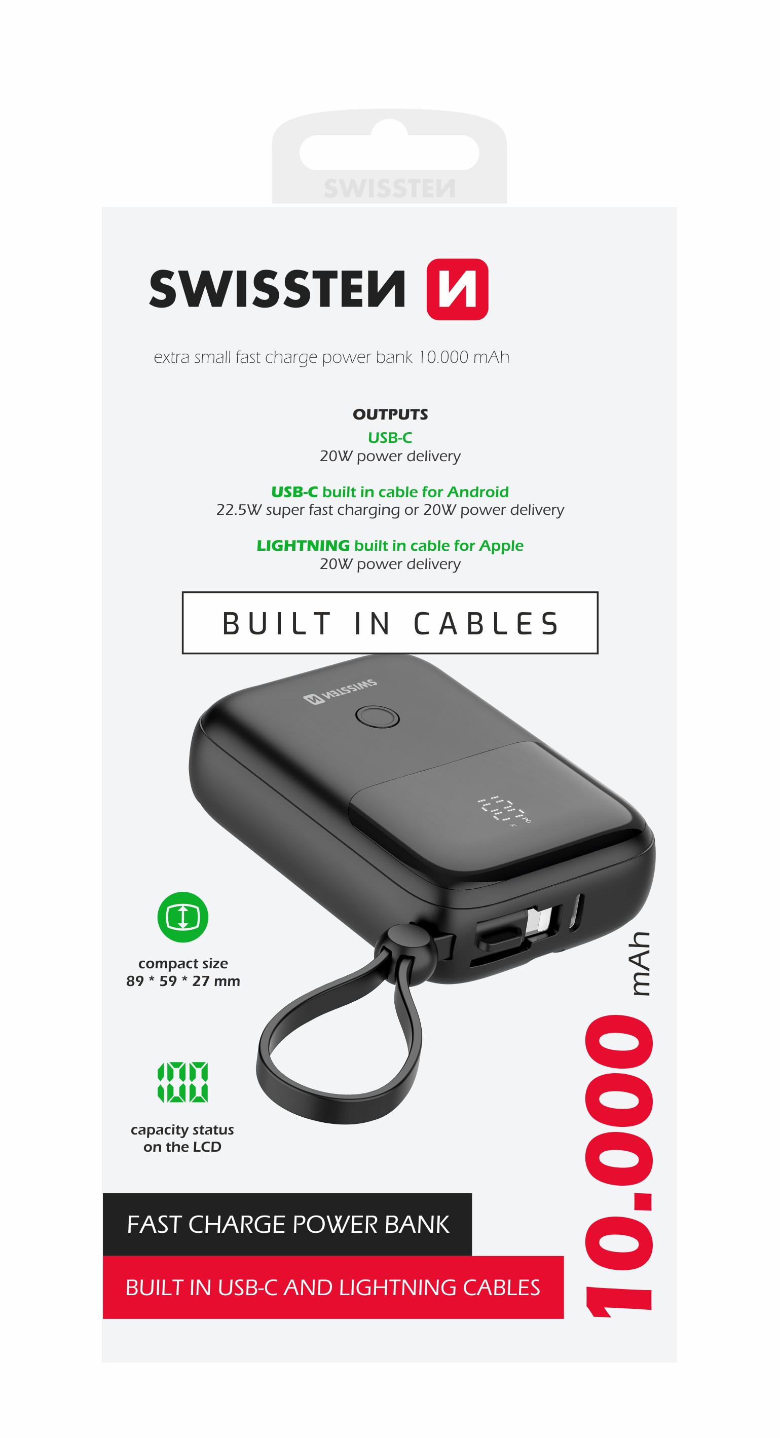 Swissten Powerbanka 10000 mAh 22,5W černá s vestavěným kabelem USB-C a Lightning
