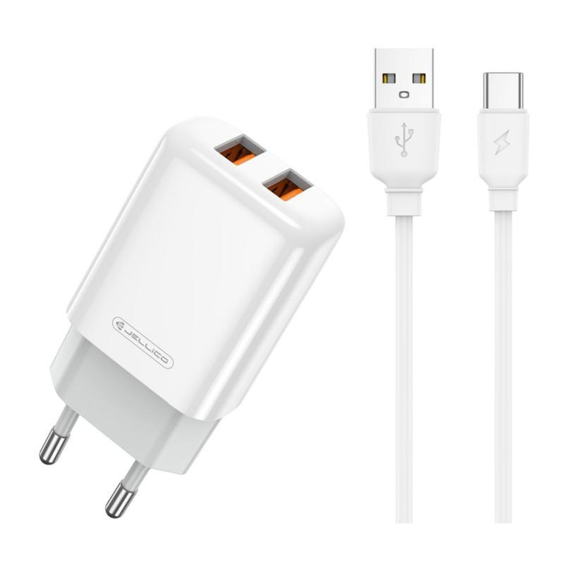 Jellico síťová nabíječka - EU02 2,4A 2x USB + USB-C kabel sada bílá