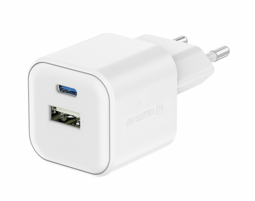 Swissten síťová nabíječka Adaptér USB + USB-C 12W bílá
