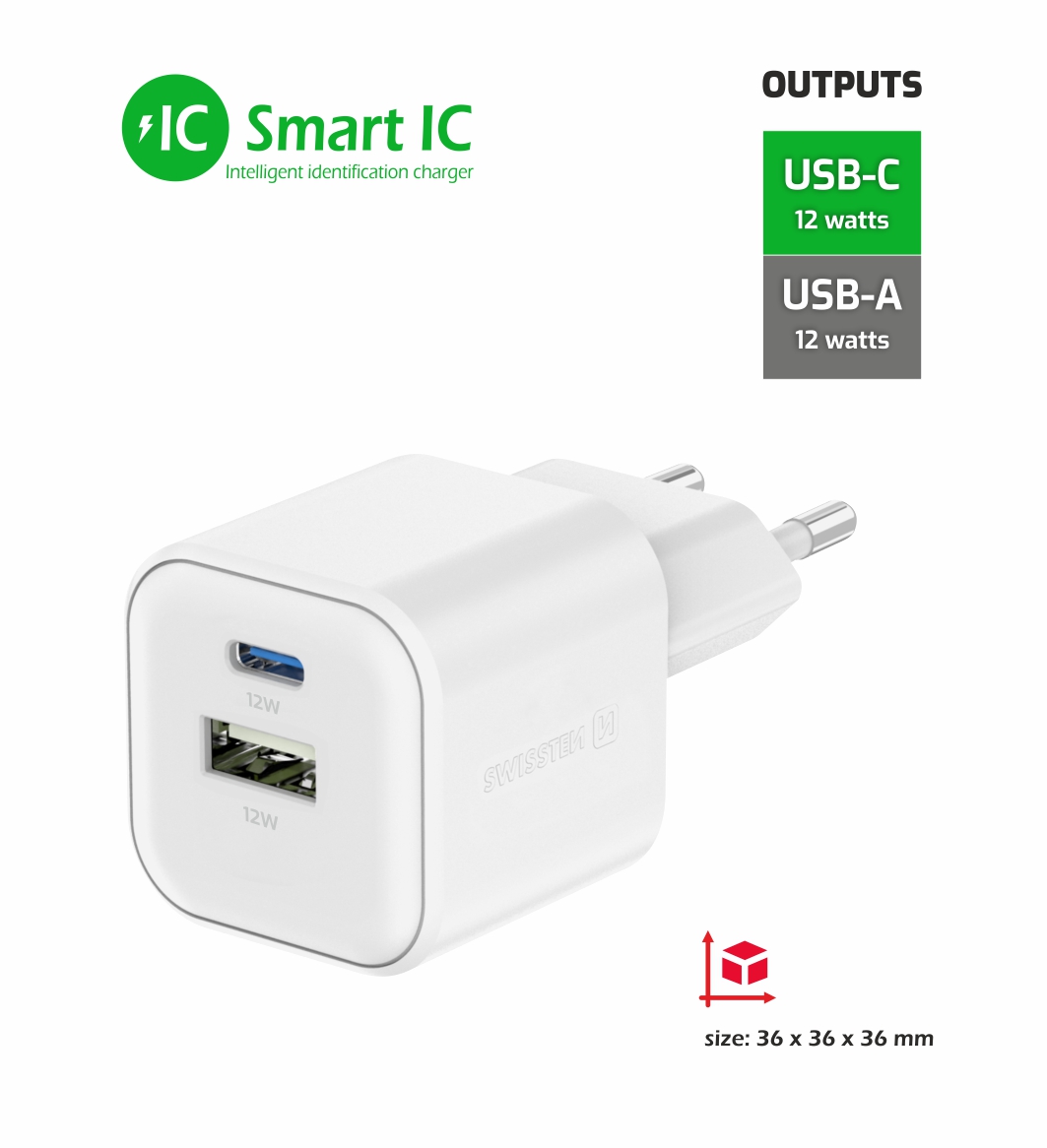 Swissten síťová nabíječka Adaptér USB + USB-C 12W bílá