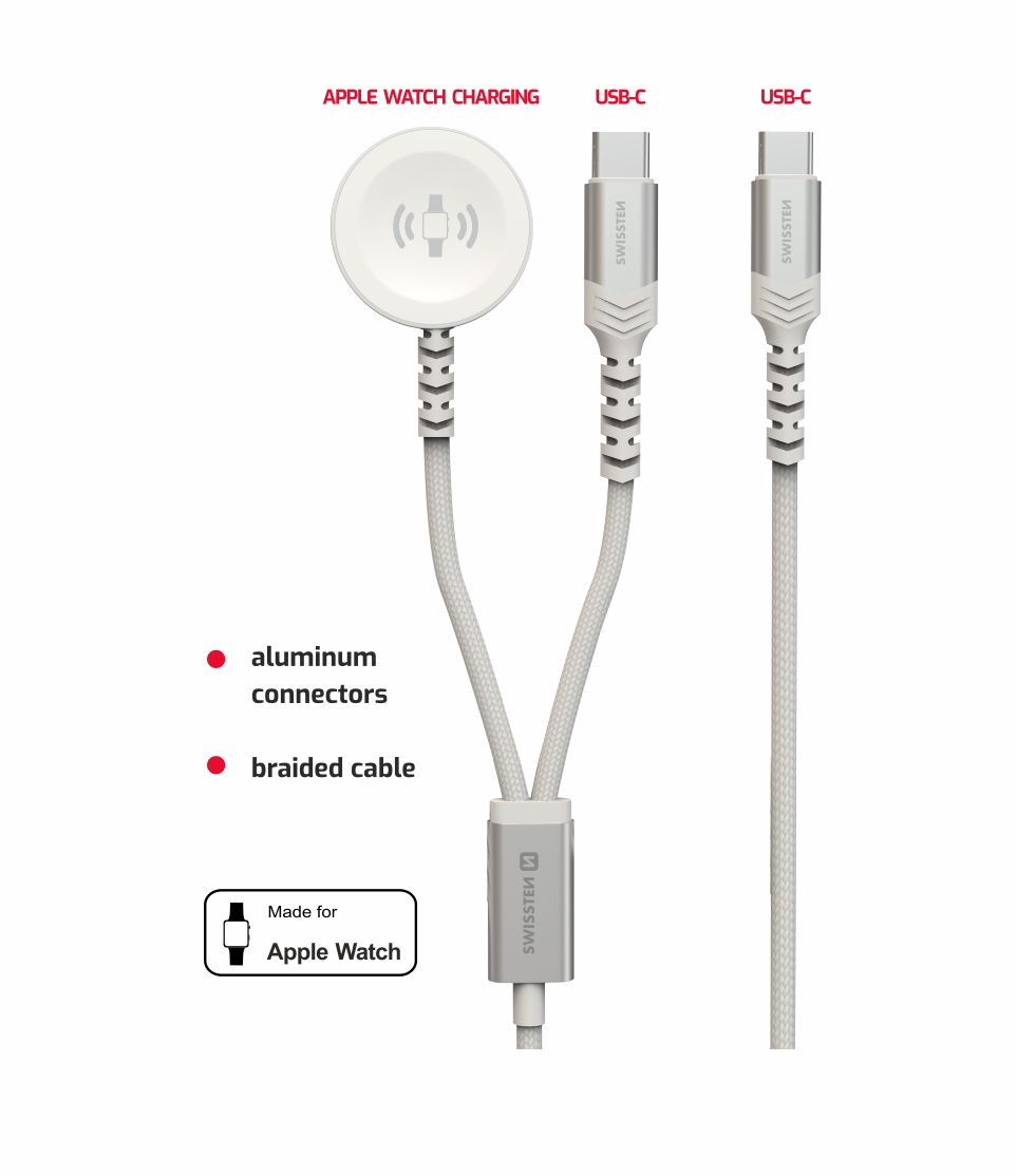 Swissten 2v1 Kabel pro nabíjení Apple Watch a zařízení s USB-C 1,2m bílý