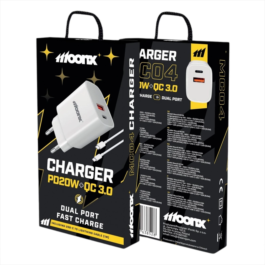 MOONX síťová nabíječka MC04 PD 20W 1xUSB-C + 1xUSB QC3.0 + kabel USB-C - Lightning bílá