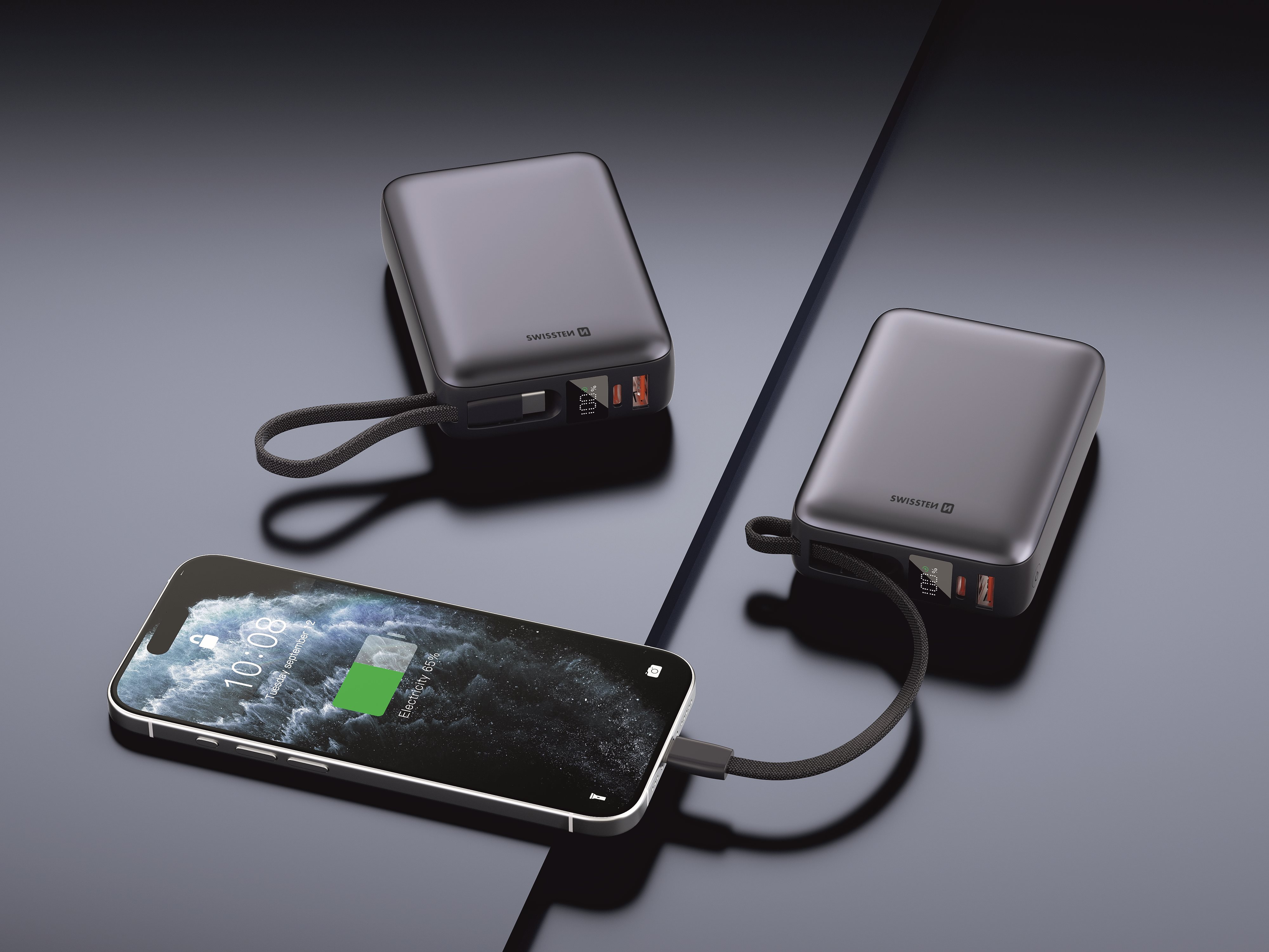 SWISSTEN Powerbanka 20 000 mAh 45W s integrovaným USB-C kabelem černá