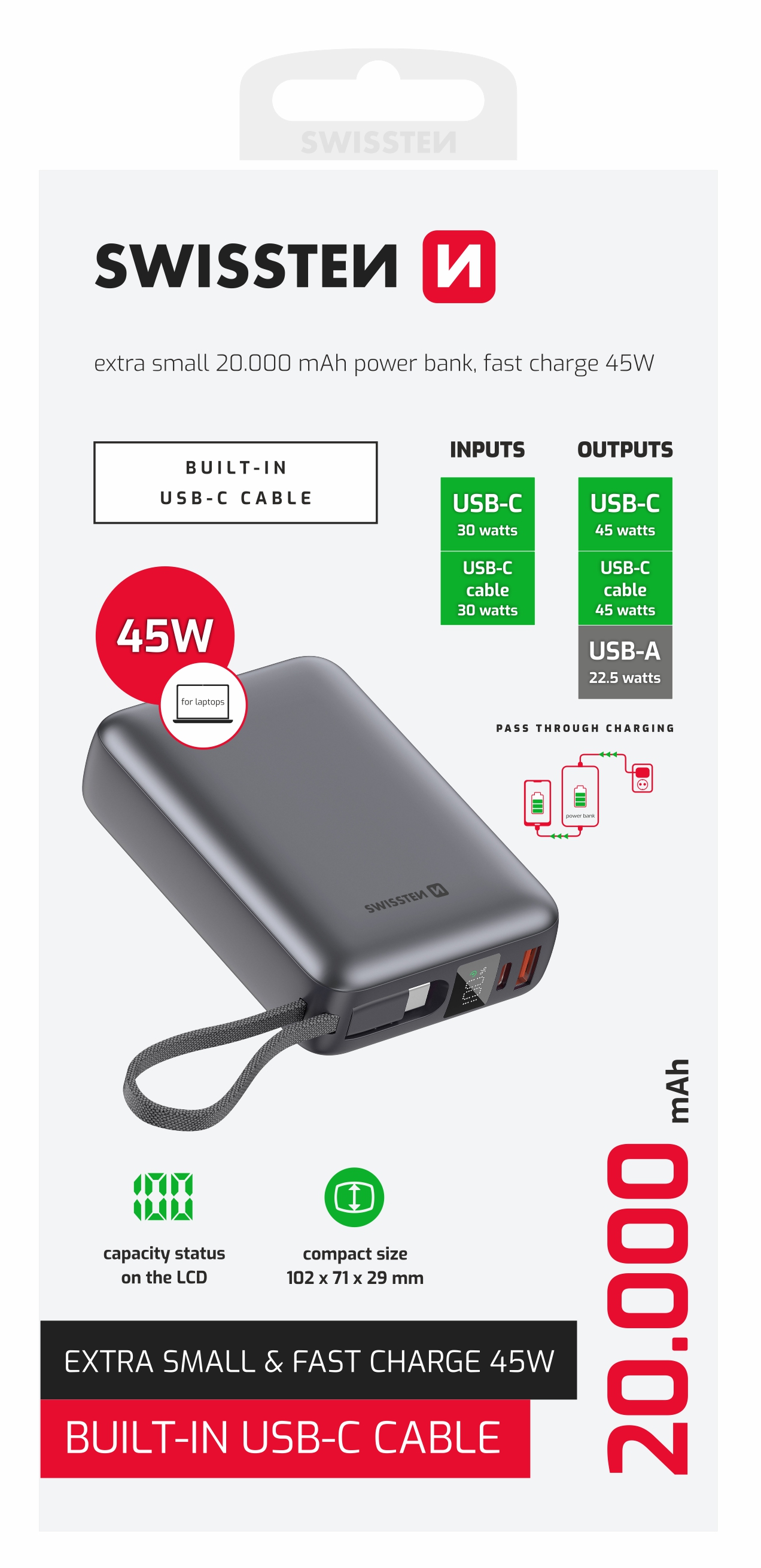 SWISSTEN Powerbanka 20 000 mAh 45W s integrovaným USB-C kabelem černá