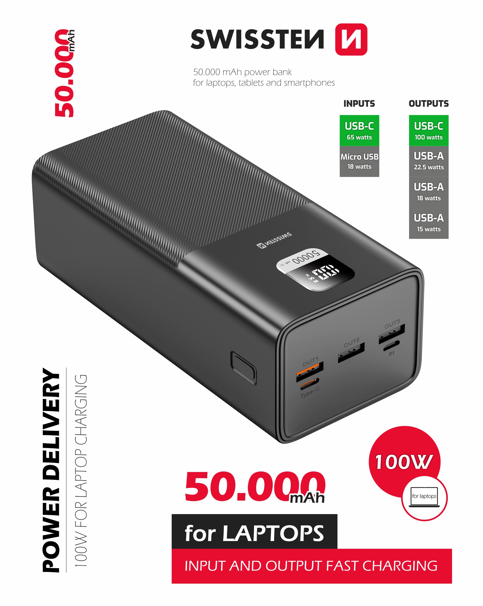 SWISSTEN POWER LINE powerbanka 50 000 mAh, 100W, Power Delivery, černá