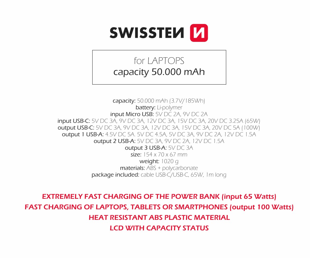 SWISSTEN POWER LINE powerbanka 50 000 mAh, 100W, Power Delivery, černá