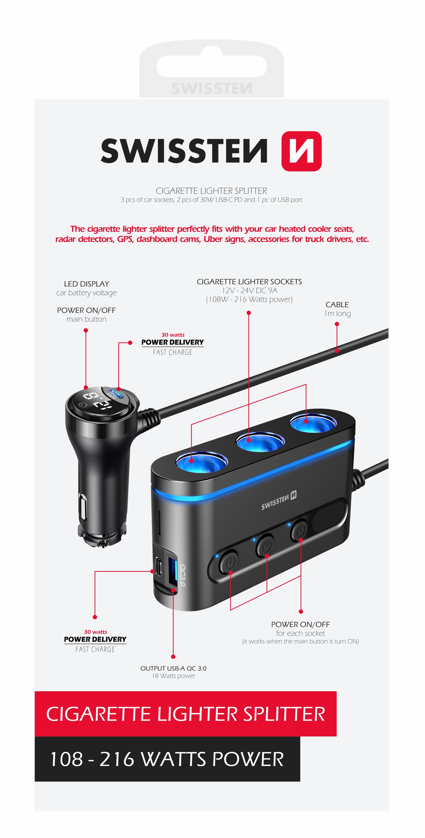 SWISSTEN autoadaptér s výstupem 3x CL, 2x UCB-C PD a 1x USB-A QA 3.0, 108W - 216W