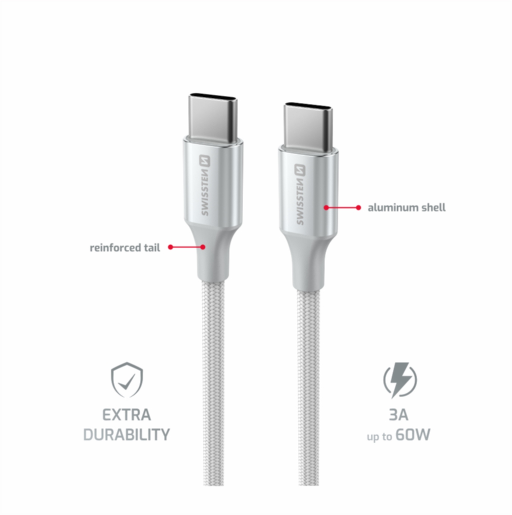 Swissten USB kabel USB-C - USB-C 3A 60W 1,5m Textile II bílý