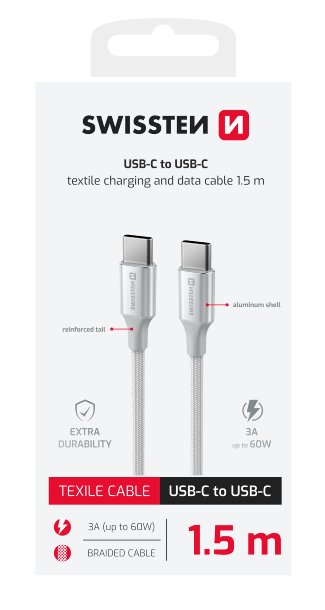 Swissten USB kabel USB-C - USB-C 3A 60W 1,5m Textile II bílý