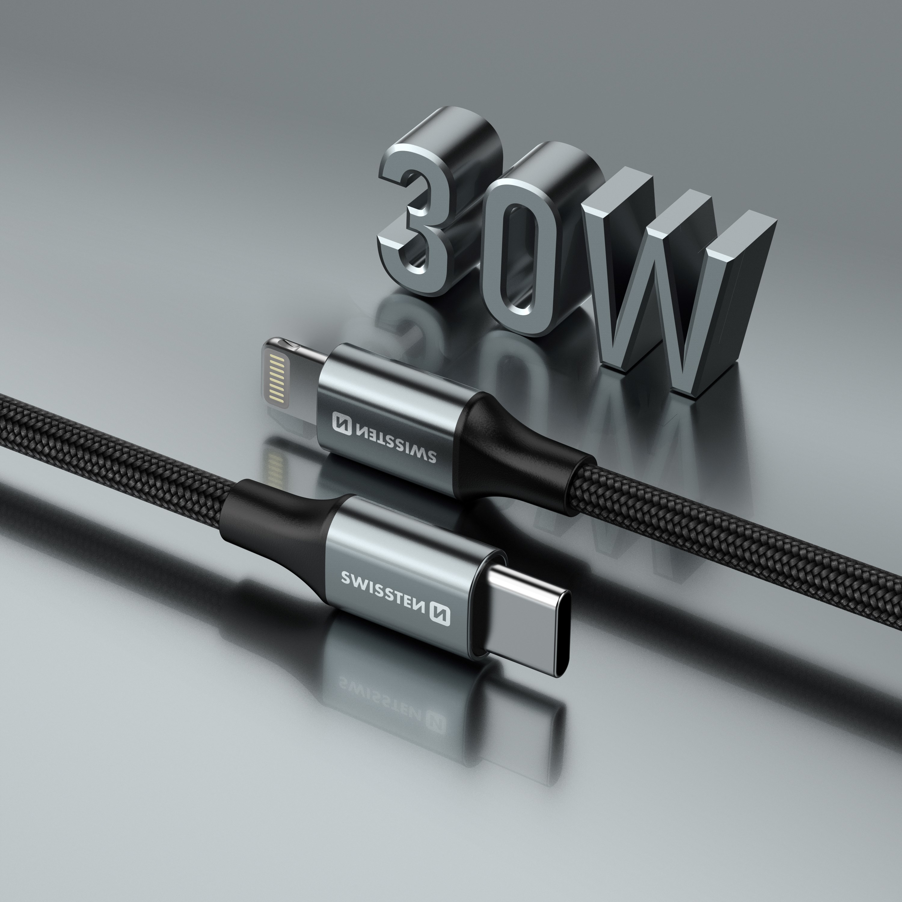 Swissten USB Kabel USB-C - Lightning 3A 30W 1,5 m Opletený Textile II černý