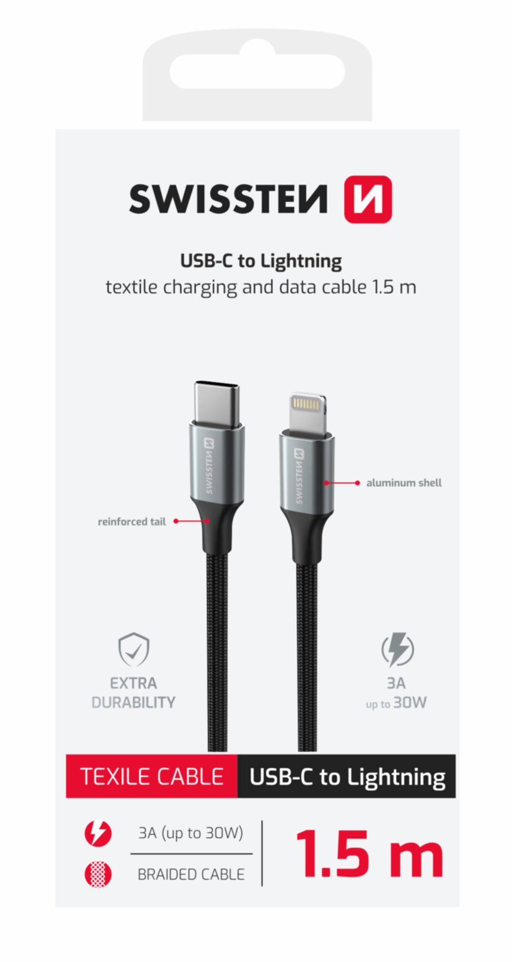 Swissten USB Kabel USB-C - Lightning 3A 30W 1,5 m Opletený Textile II černý