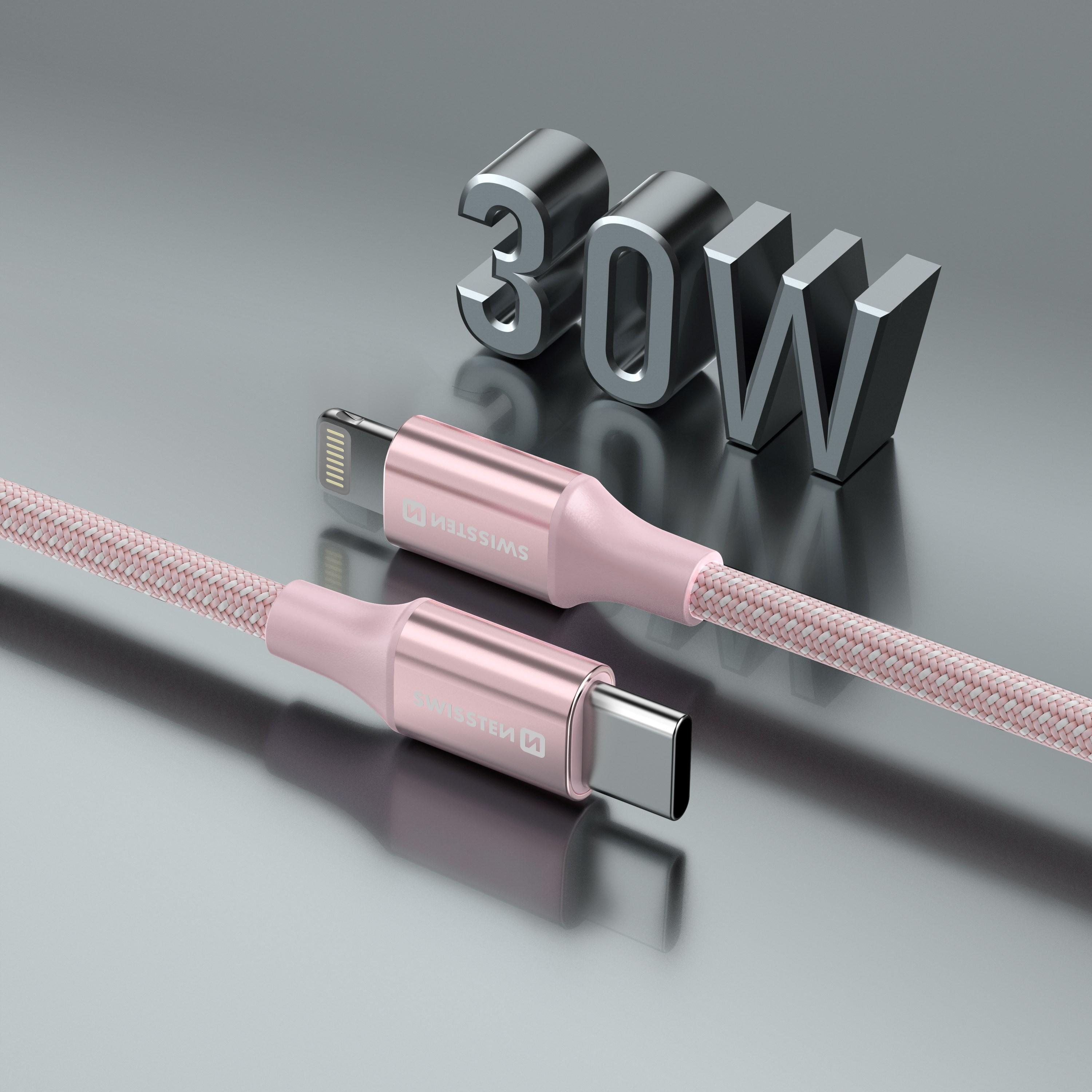 Swissten USB Kabel USB-C - Lightning 3A 30W 1,5 m Opletený Textile II růžový