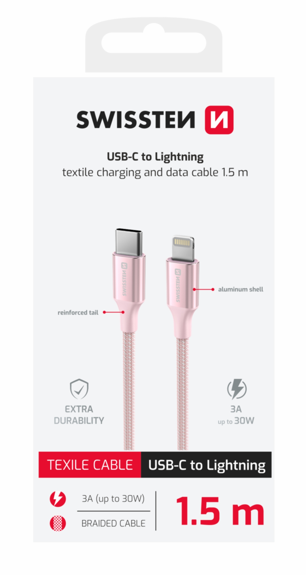 Swissten USB Kabel USB-C - Lightning 3A 30W 1,5 m Opletený Textile II růžový