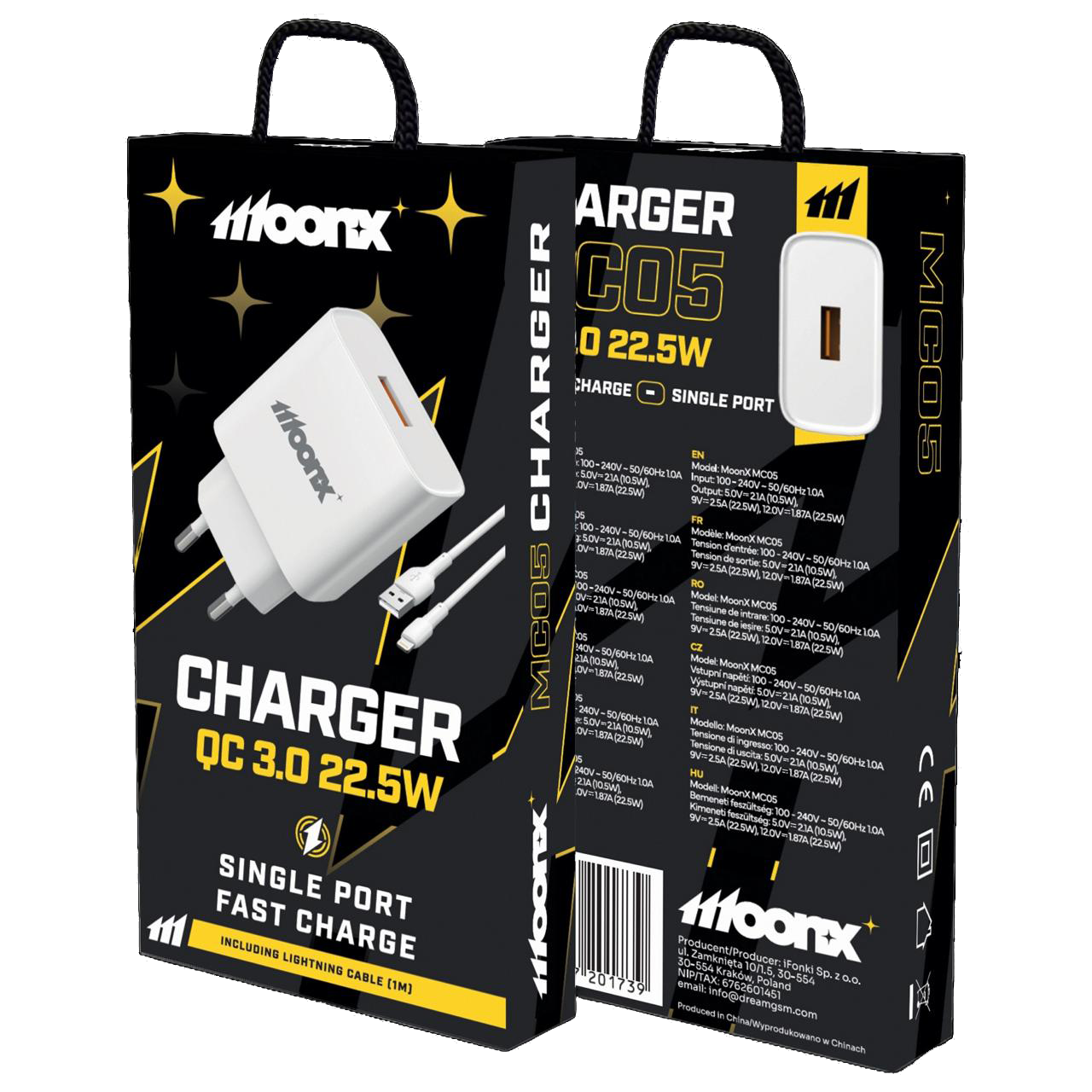 MOONX síťová nabíječka MC05 22,5 W 1x USB QC3.0 + Lightning kabel bílá