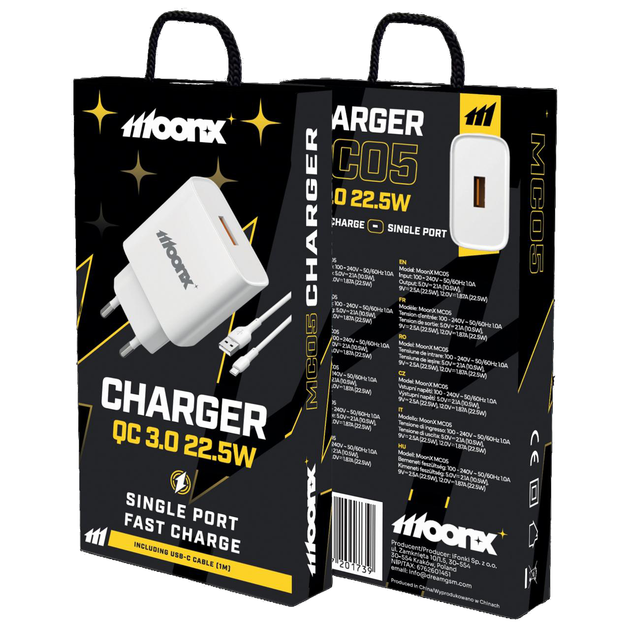 MOONX síťová nabíječka MC05 22,5 W 1x USB QC3.0 + kabel USB-C bílá