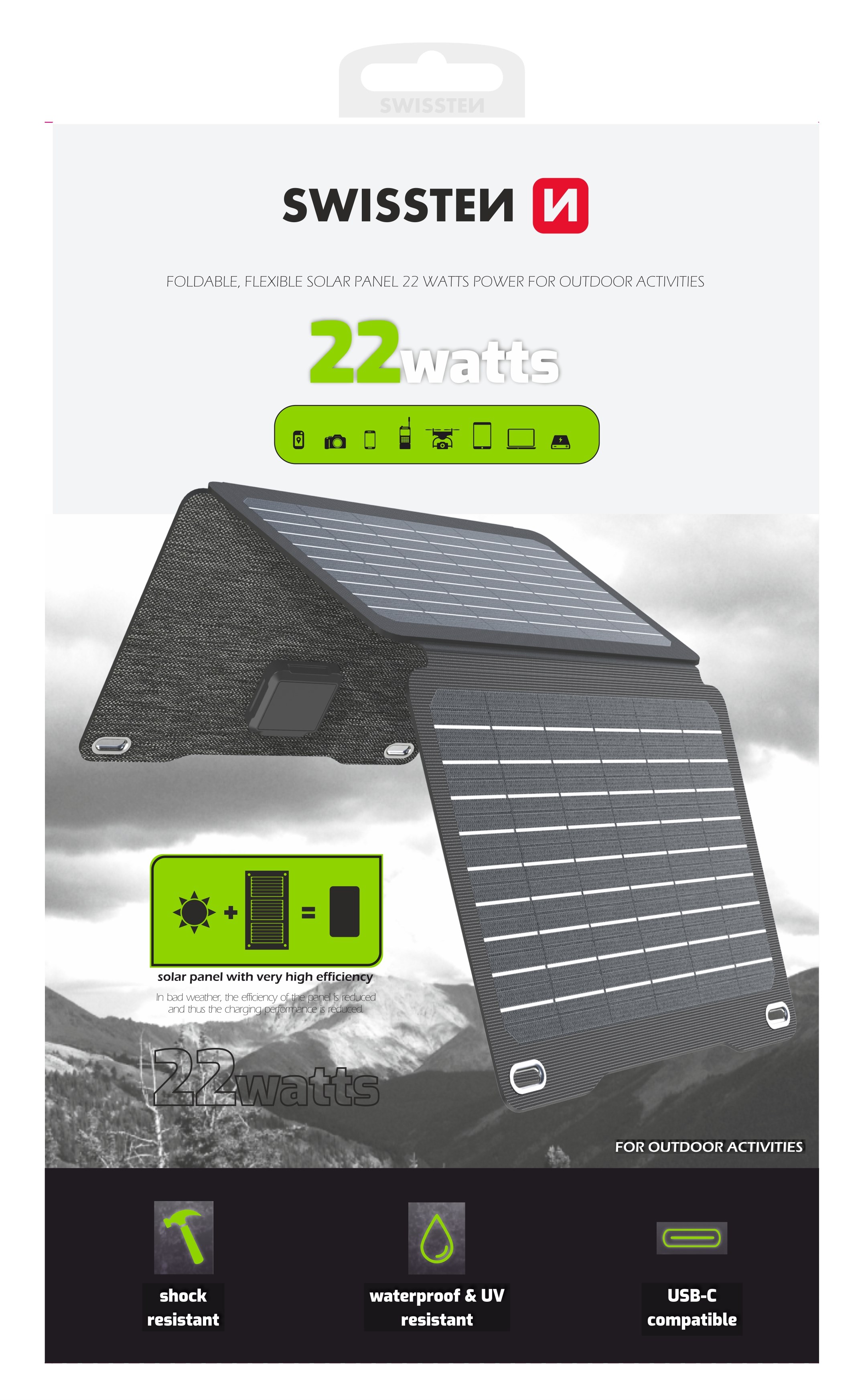 Swissten skládací solární panel 22W USB-A + USB-C