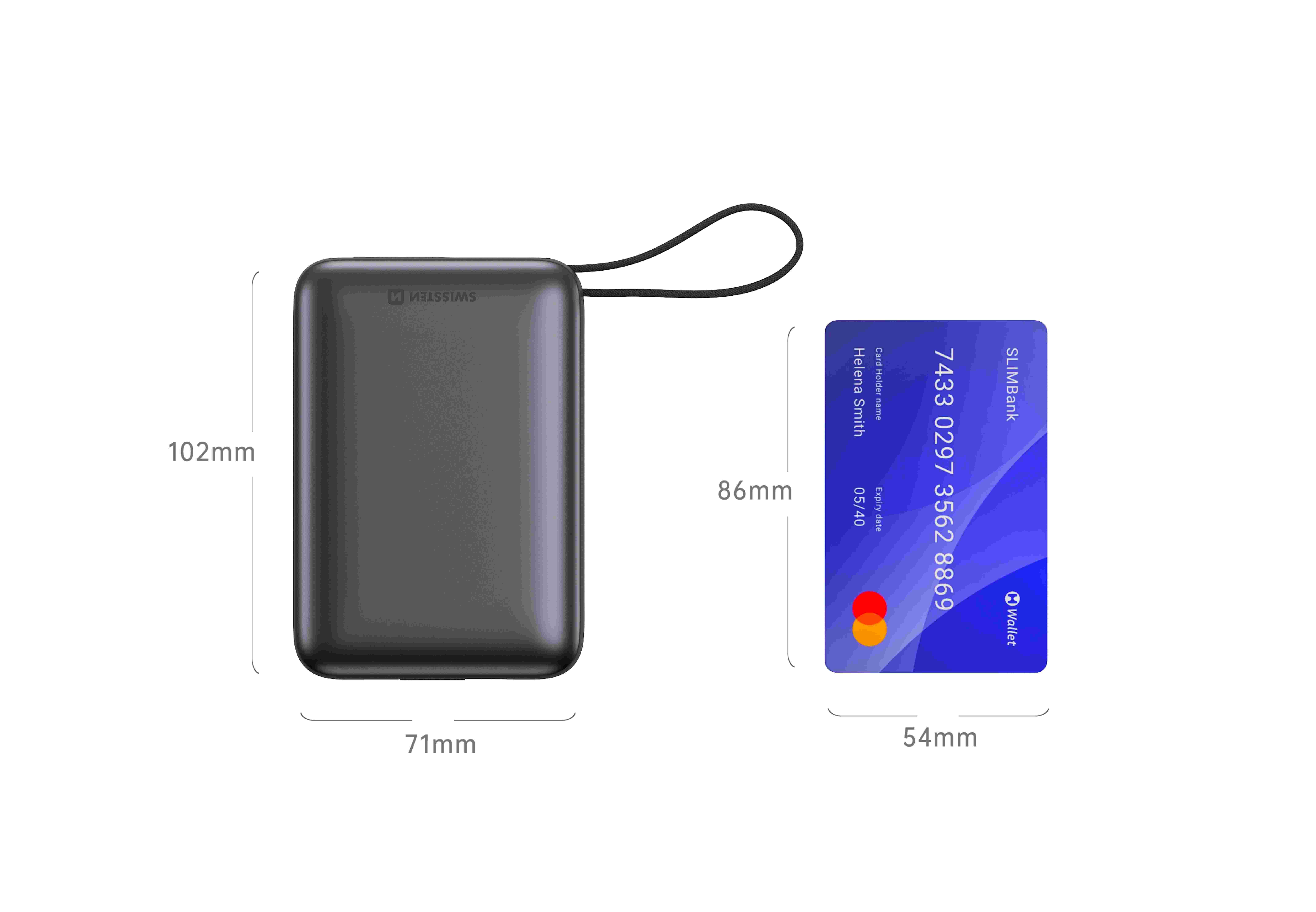 Swissten Powerbanka 20 000 mAh 22,5W s vestavěným USB-C a Lightning kabelem černá