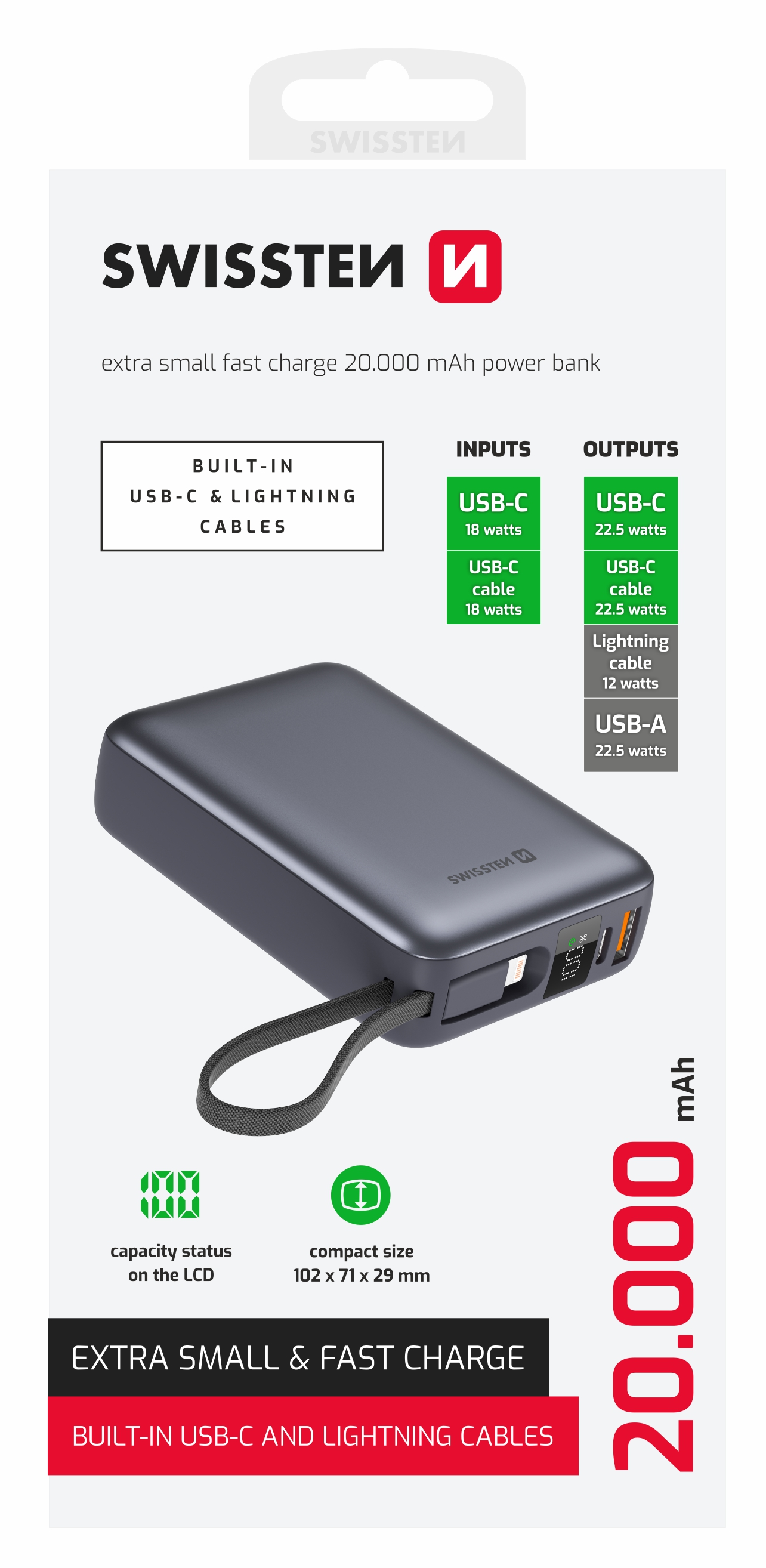 Swissten Powerbanka 20 000 mAh 22,5W s vestavěným USB-C a Lightning kabelem černá