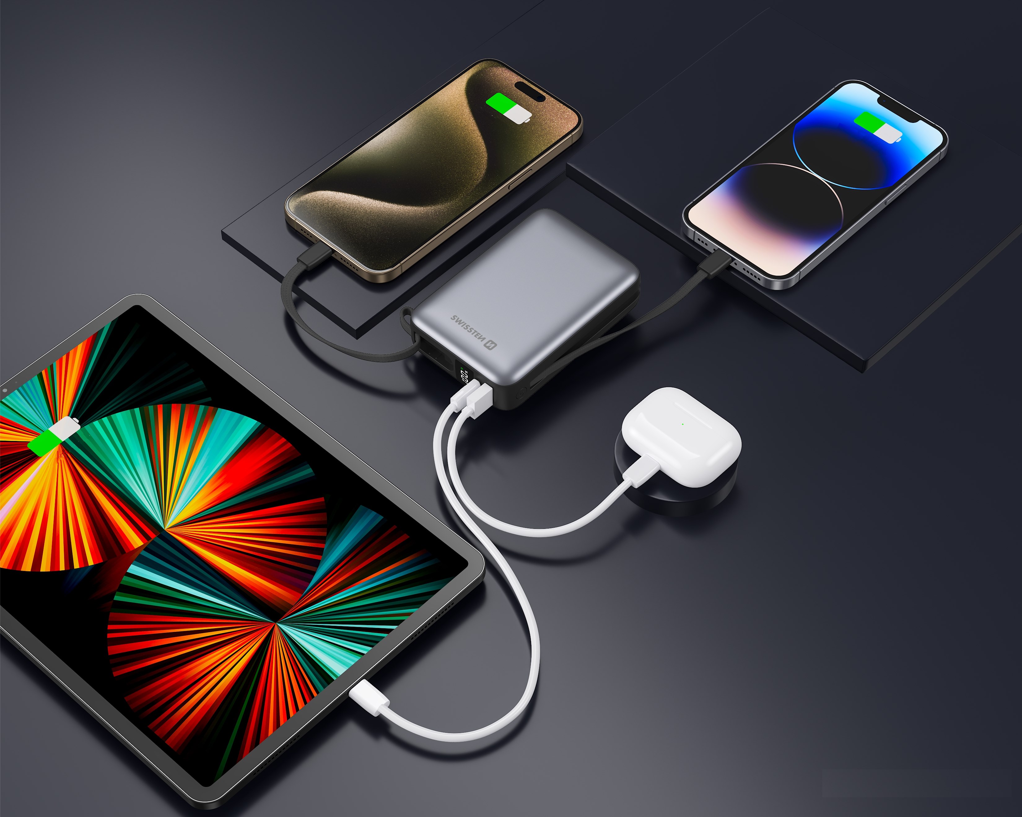 Swissten Powerbanka 20 000 mAh 22,5W s vestavěným USB-C a Lightning kabelem černá