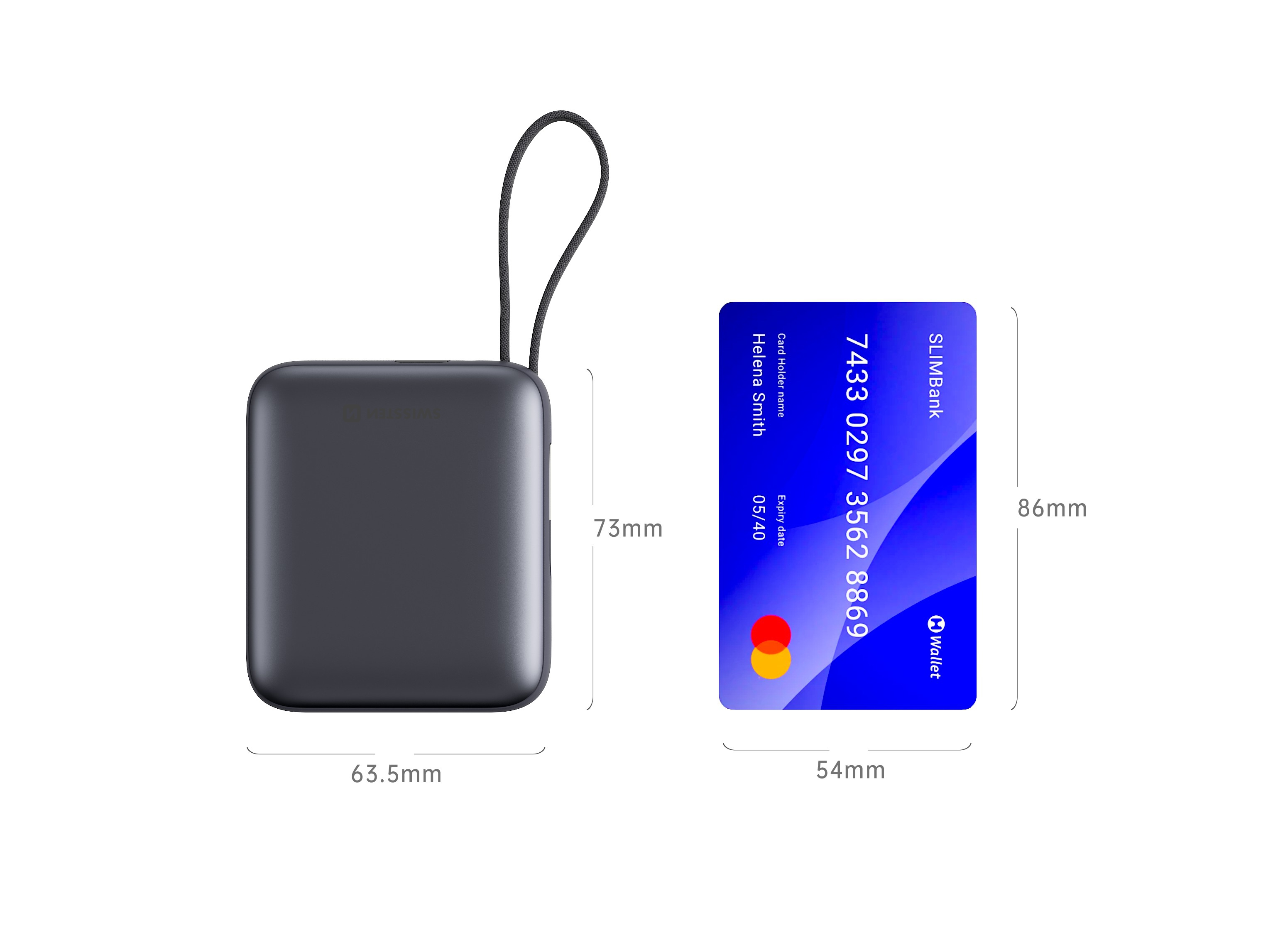 Swissten Powerbanka 10 000 mAh 22,5 W s vestavěným USB-C a lightning kabelem černá