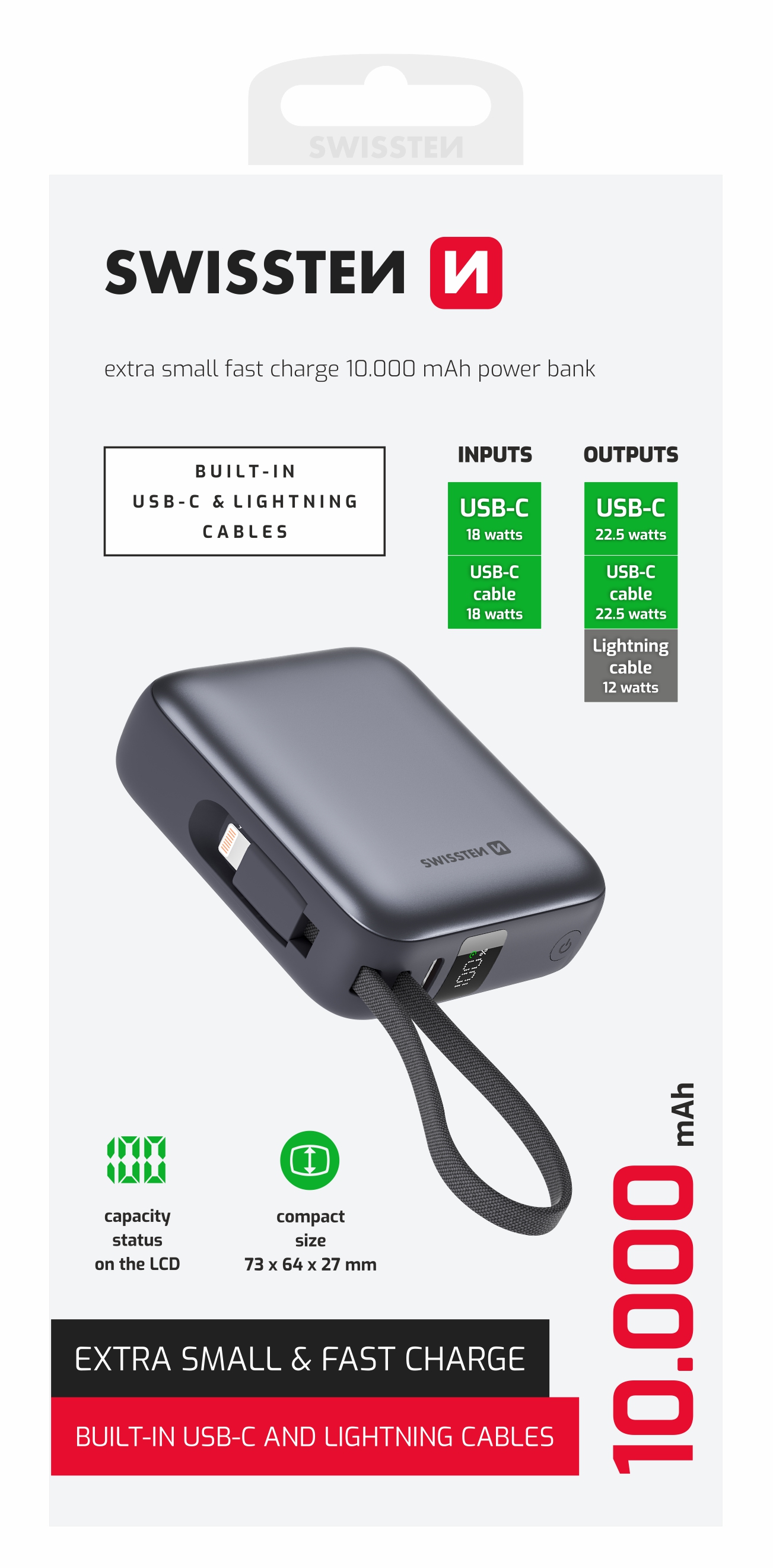 Swissten Powerbanka 10 000 mAh 22,5 W s vestavěným USB-C a lightning kabelem černá