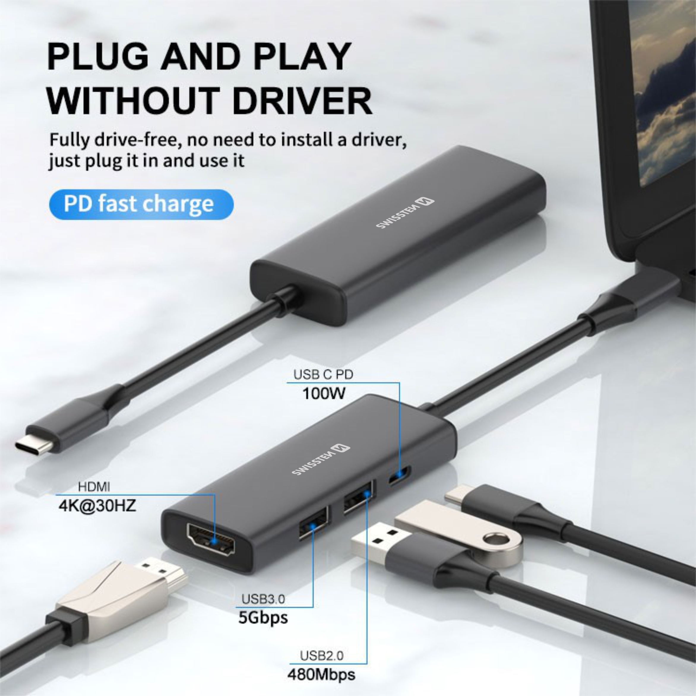 SWISSTEN HUB USB-C 4 w 1 USB-C 100W, HDMI 4K, 2x USB-A hlinííkový černý
