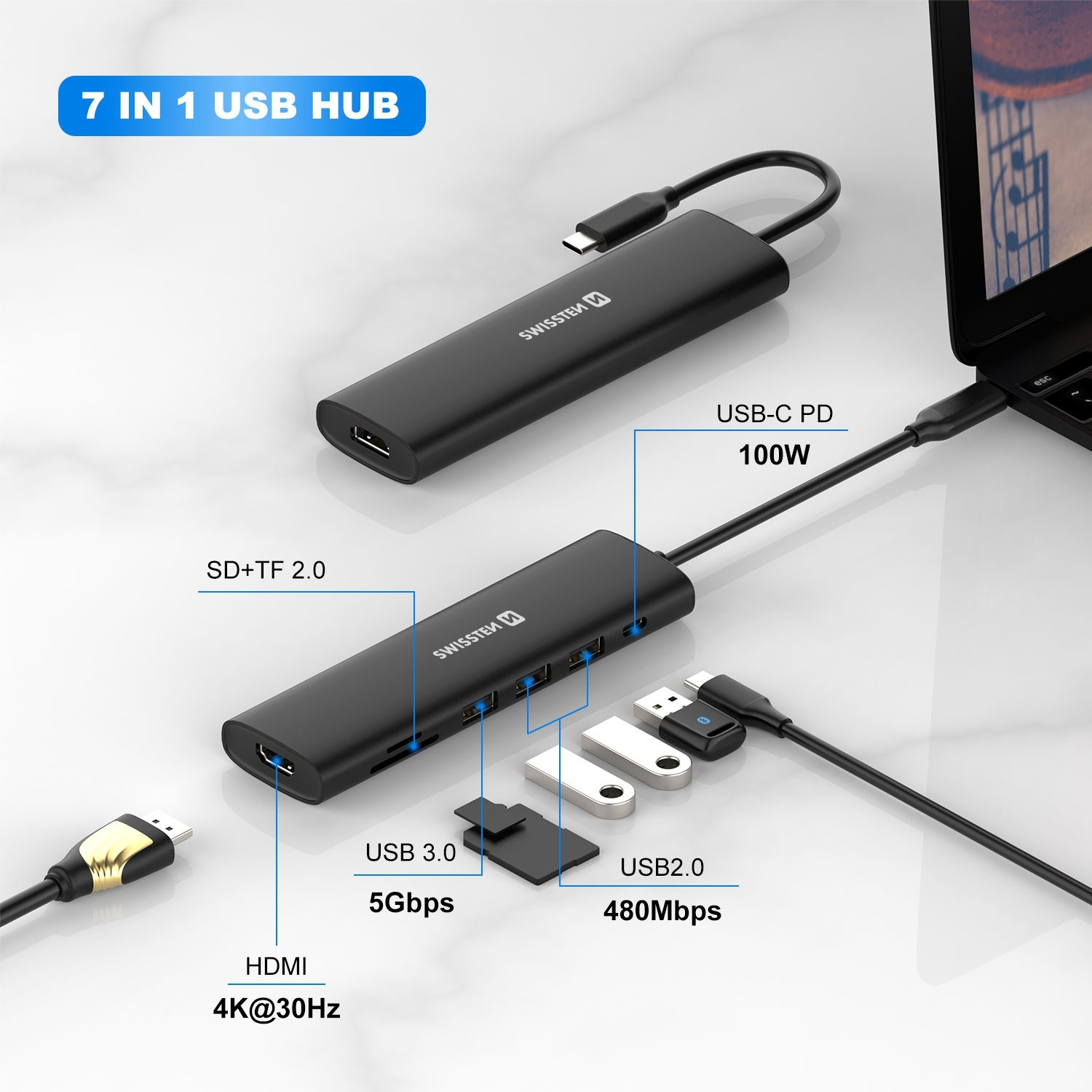 SWISSTEN Hub USB-C 7v1 USB-C 100W, HDMI 4K, 1x USB-A 3.0, 2x USB-A 2.0, SD, MicroSD aluminiový černý