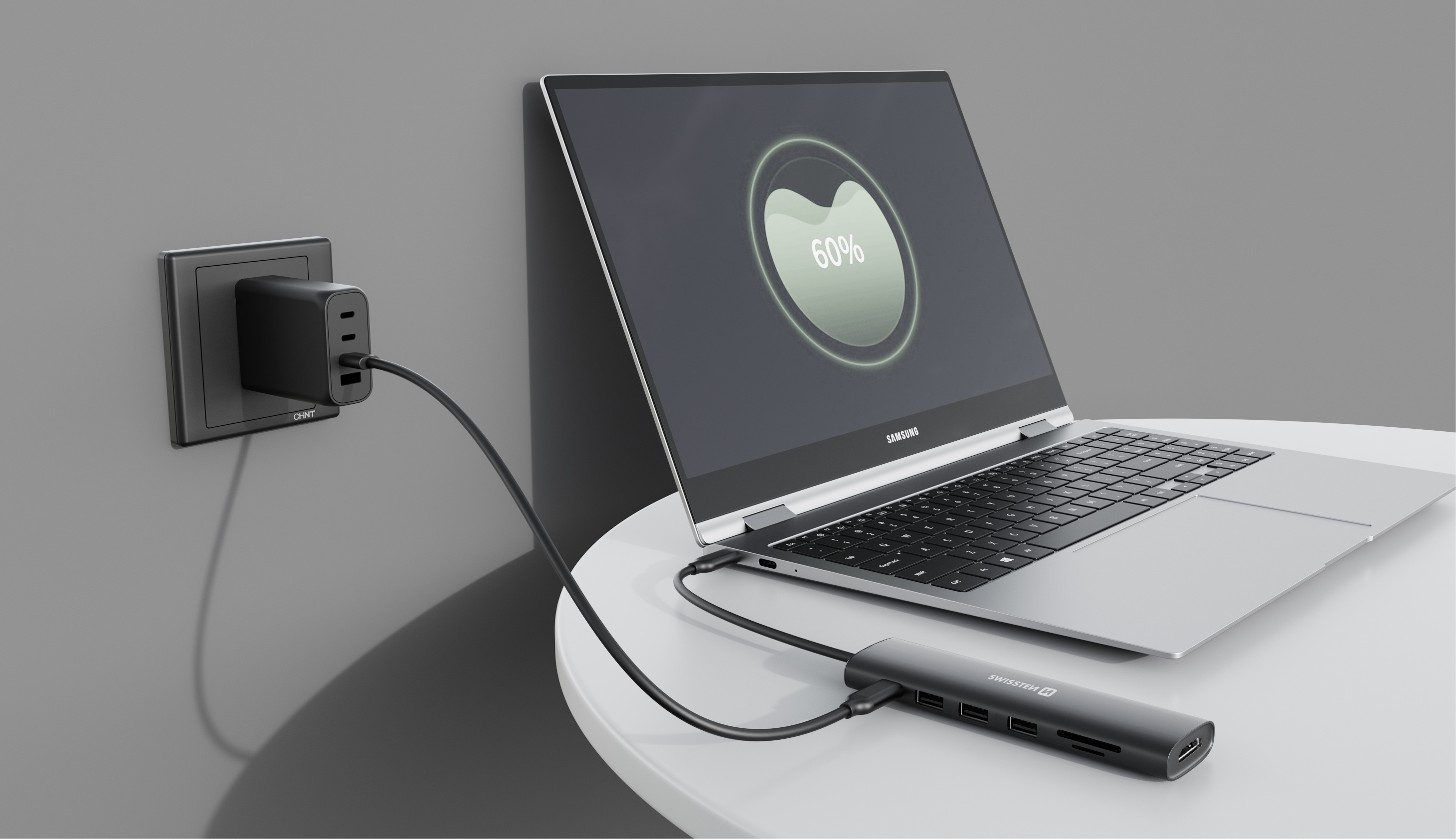 SWISSTEN Hub USB-C 7v1 USB-C 100W, HDMI 4K, 1x USB-A 3.0, 2x USB-A 2.0, SD, MicroSD aluminiový černý