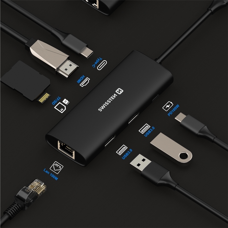 SWISSTEN Hub USB-C 8 v 1 USB-C 100W - HDMI 4K, LAN RJ45, 2x USB-A, 1x USB-C 5 GB/s, SD, MicroSD černý hliníkový