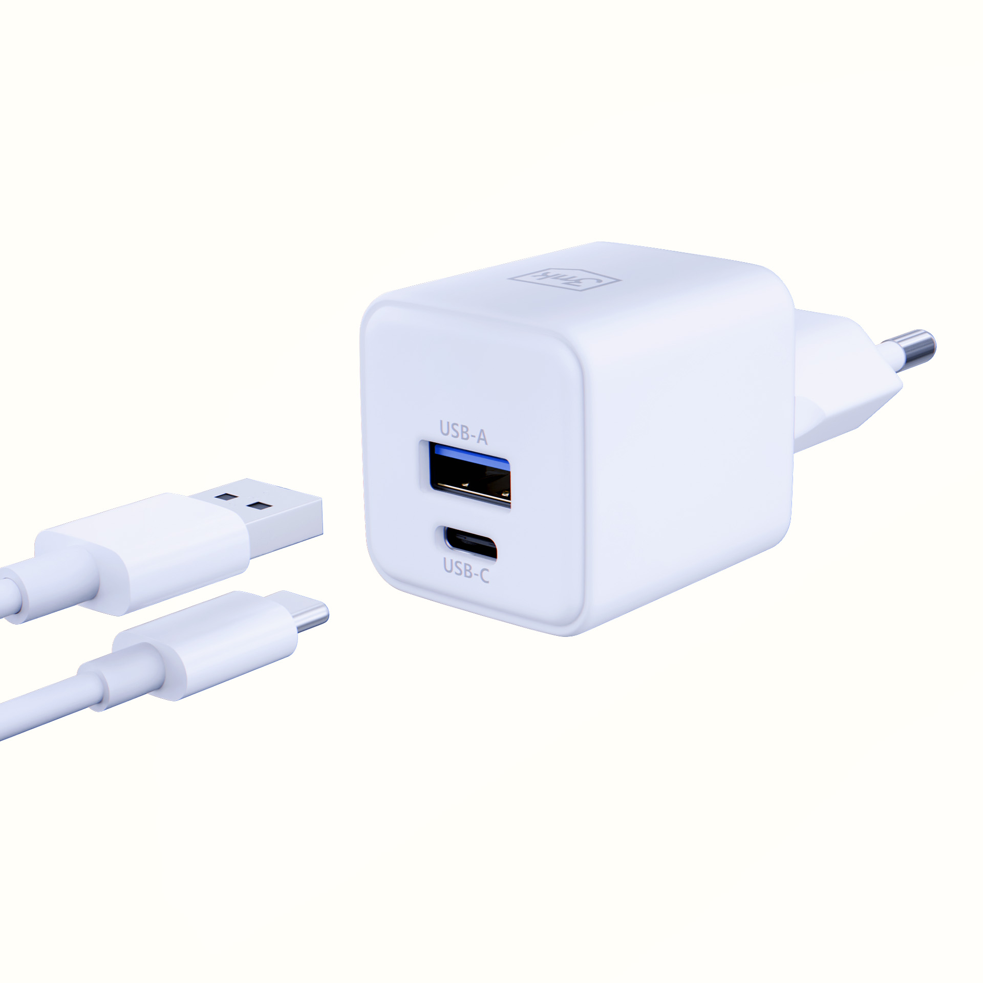 3mk síťová nabíječka Hyper GaN 20W PD QC 4.0 PPS USB-C + USB-A bílá