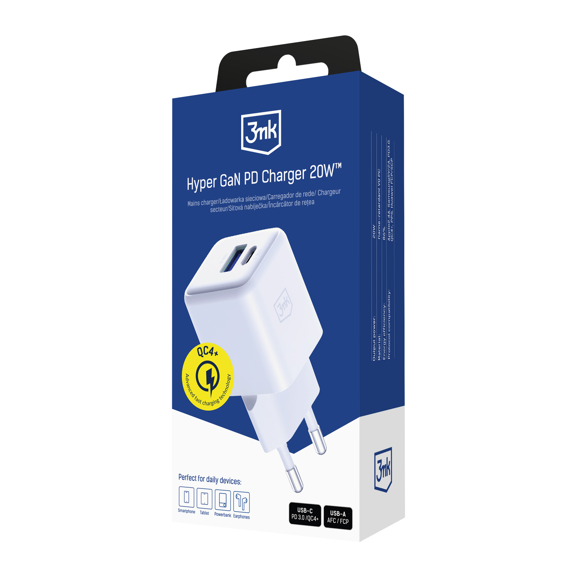 3mk síťová nabíječka Hyper GaN 20W PD QC 4.0 PPS USB-C + USB-A bílá