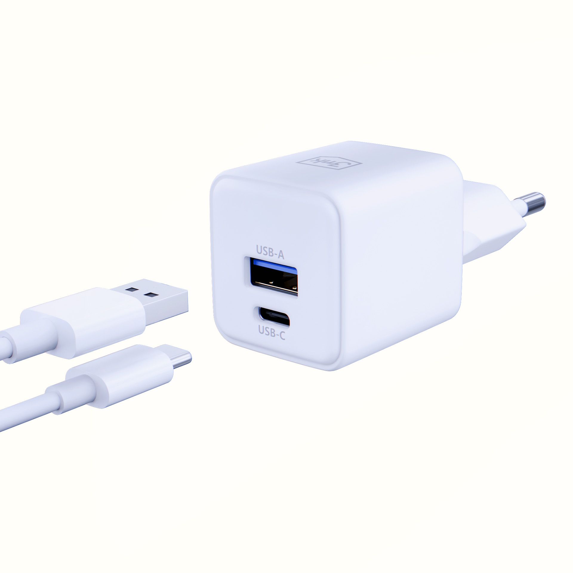 3mk síťová nabíječka Hyper GaN 20W PD QC 4.0 PPS USB-C + USB-A bílá