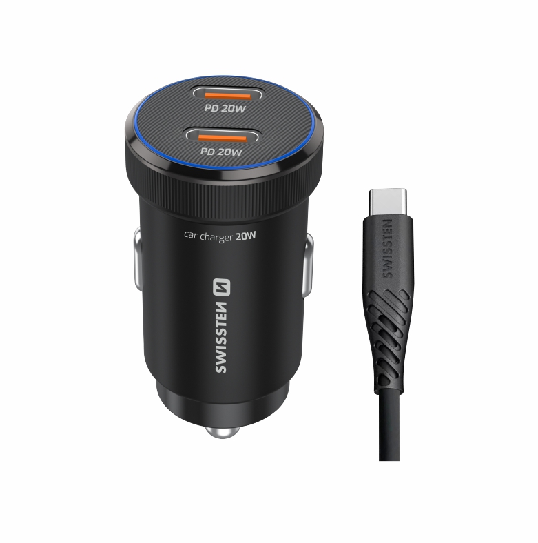 SWISSTEN Autonabíječka 2× USB-C PD 20 W + kabel USB-C 1 m černá