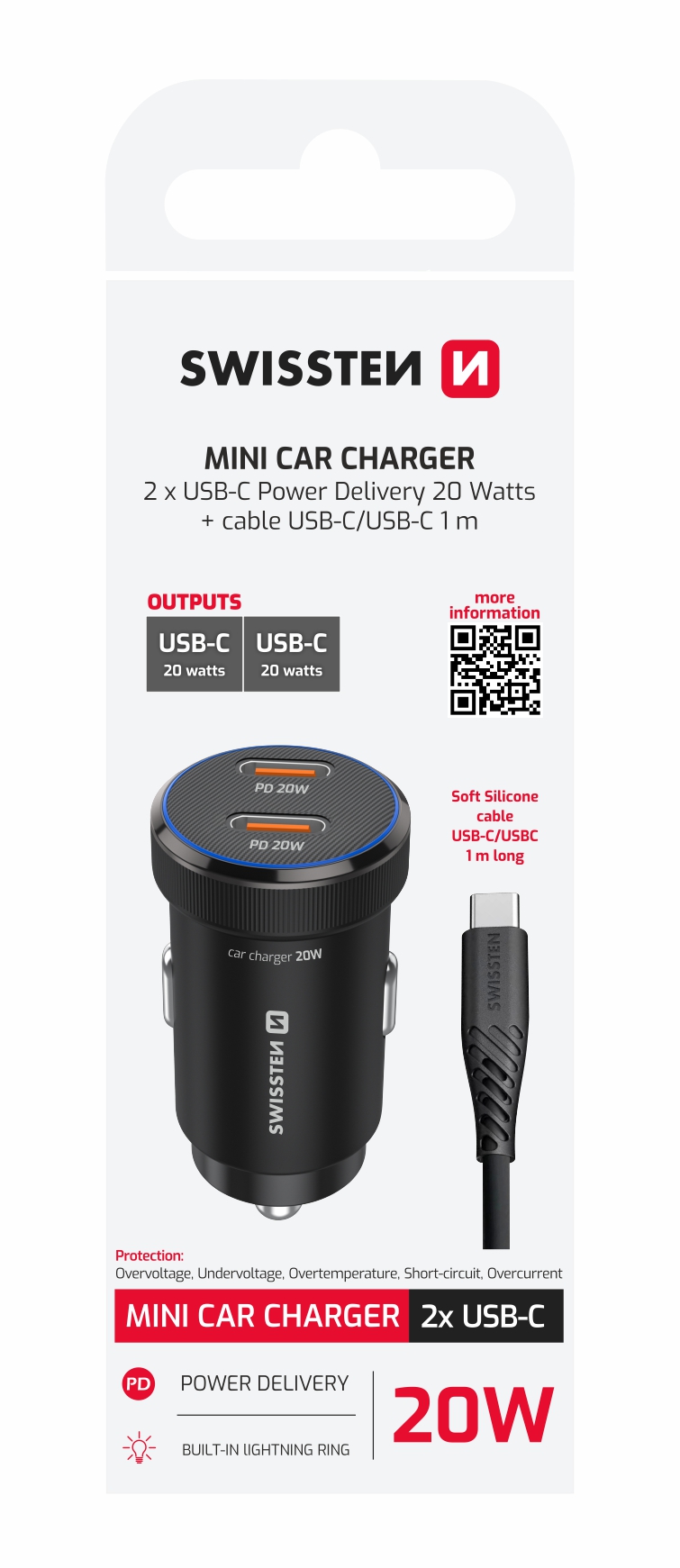 SWISSTEN Autonabíječka 2× USB-C PD 20 W + kabel USB-C 1 m černá