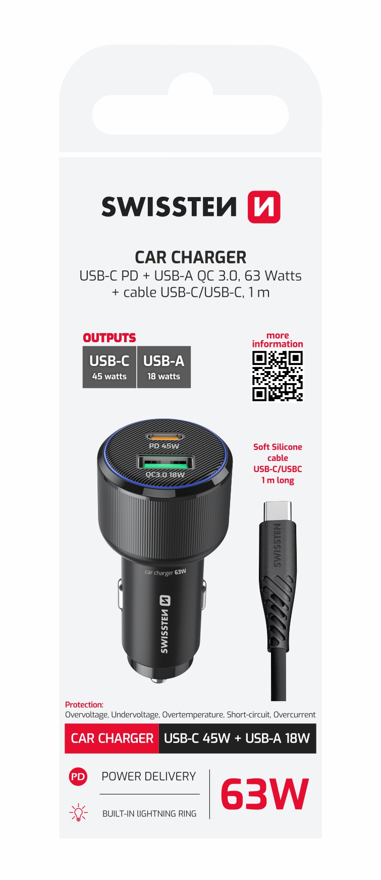 SWISSTEN Autonabíječka USB-A 18 W + USB-C PD 45 W + kabel USB-C 1 m