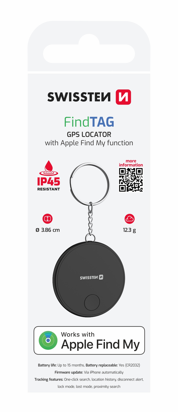 Swissten Chytrý lokátor Find Tag s funkcí Apple Find My klíčenka černá