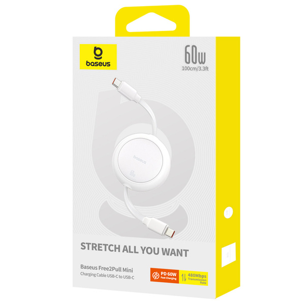 Baseus Free2Pull zatahovací kabel USB-C – USB-C 1 m bílý