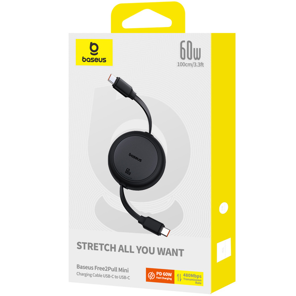 Baseus Free2Pull zatahovací kabel USB-C – USB-C 1 m černý