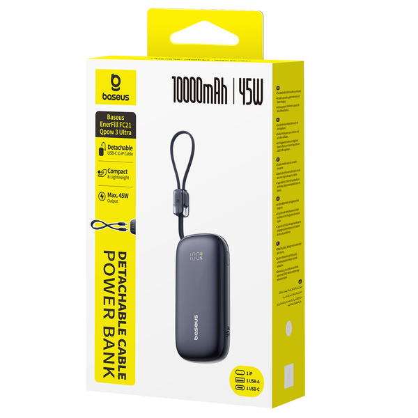 Baseus EnerFill FC21 powerbanka 10 000 mAh 45 W s LCD a odpojitelným kabelem černá